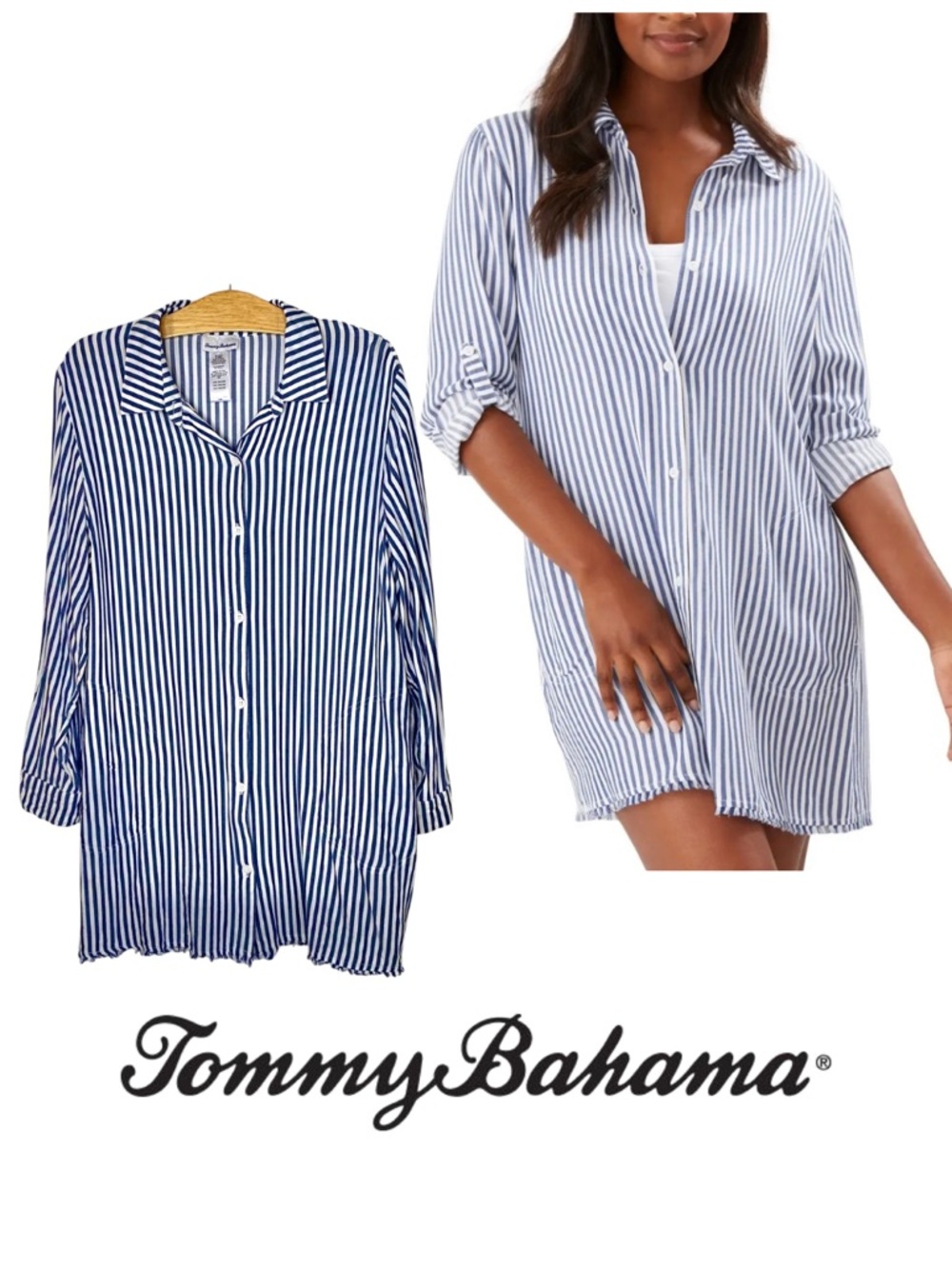Tommy Bahama Chambray Stripe Boyfriend Shirt Coverup Blue & White Coastal M